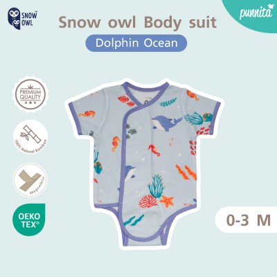 New Collection !! Snow owl เสื้อป้ายแบบแปะ ชุดบอดี้สูท 0-3 M - Dolphin Ocean (วัสดุ ใยไผ่พรีเมี่ยม 100%)